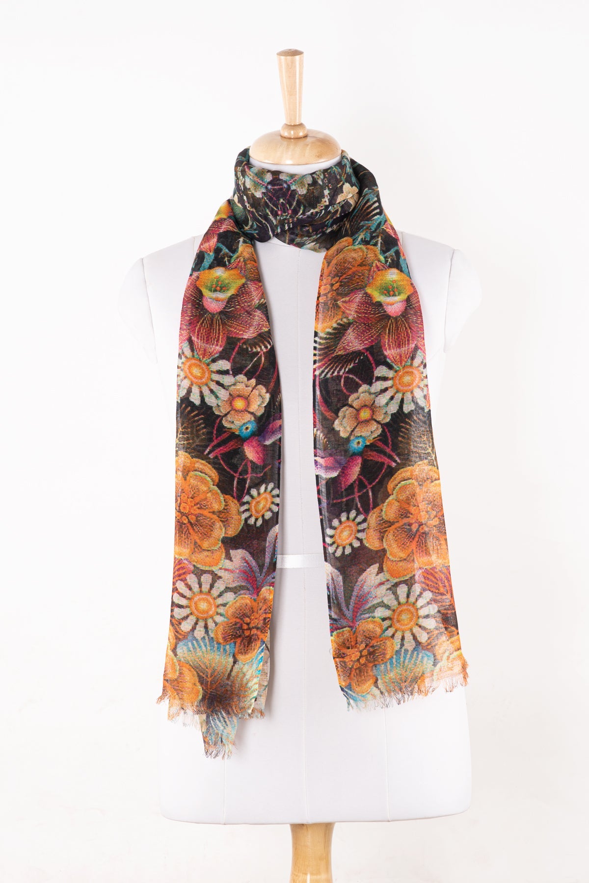 Floral Bouquet Print Linen Cotton Scarf in Multicoloured