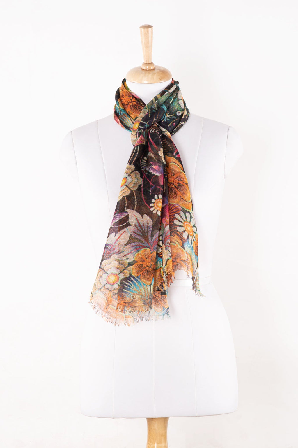 Floral Bouquet Print Linen Cotton Scarf in Multicoloured