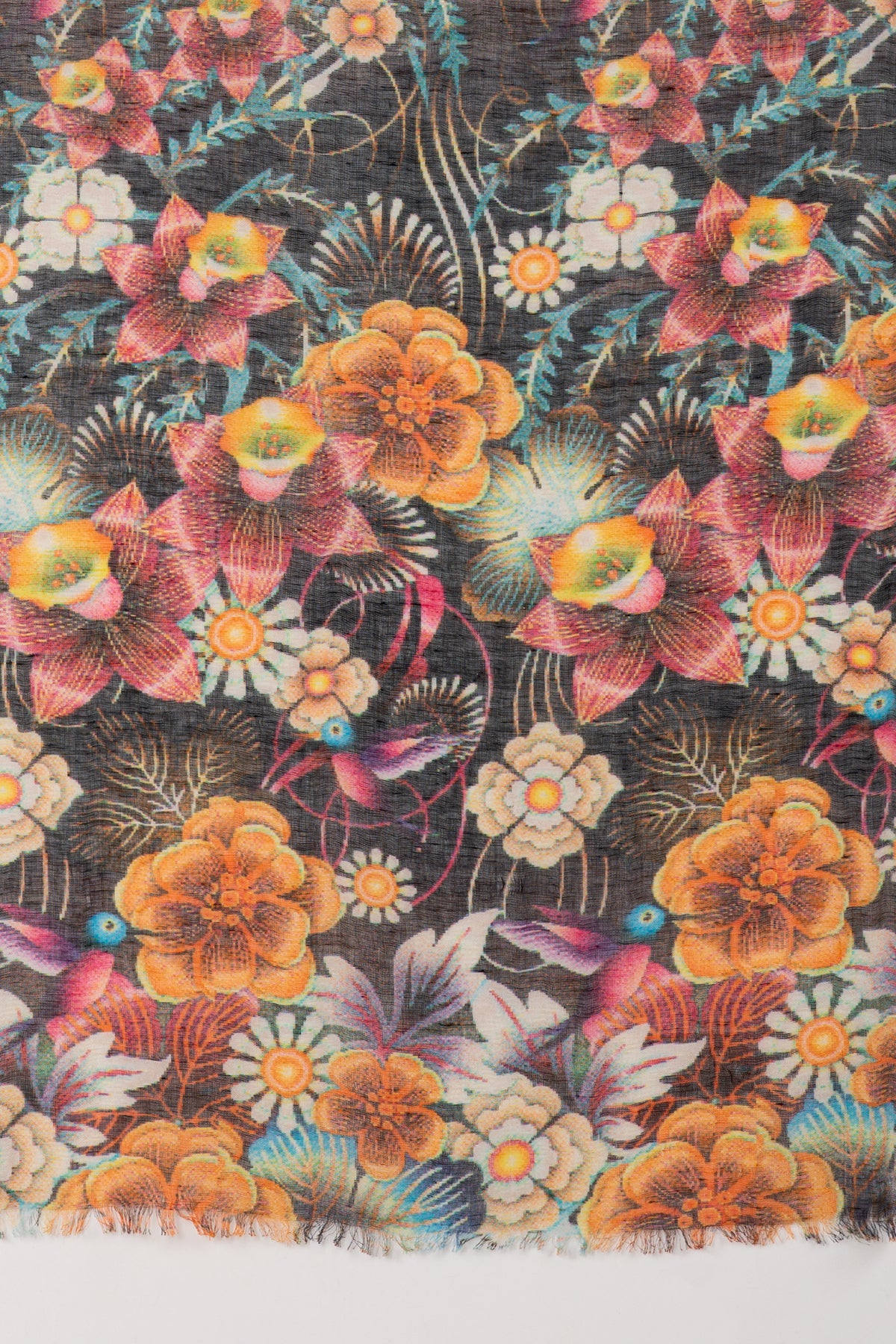 Floral Bouquet Print Linen Cotton Scarf in Multicoloured