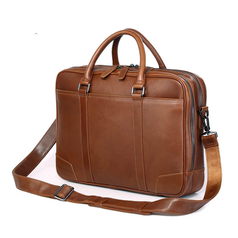 Tree Cream Leather Briefcase with Double Layer Zipper