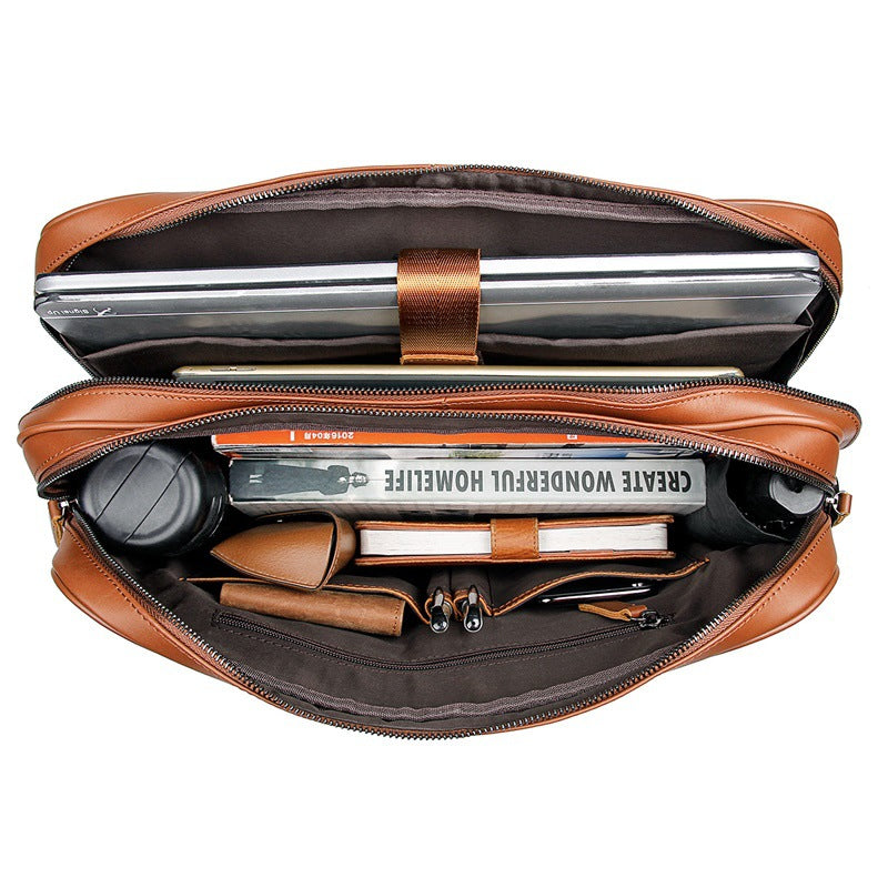 Tree Cream Leather Briefcase with Double Layer Zipper