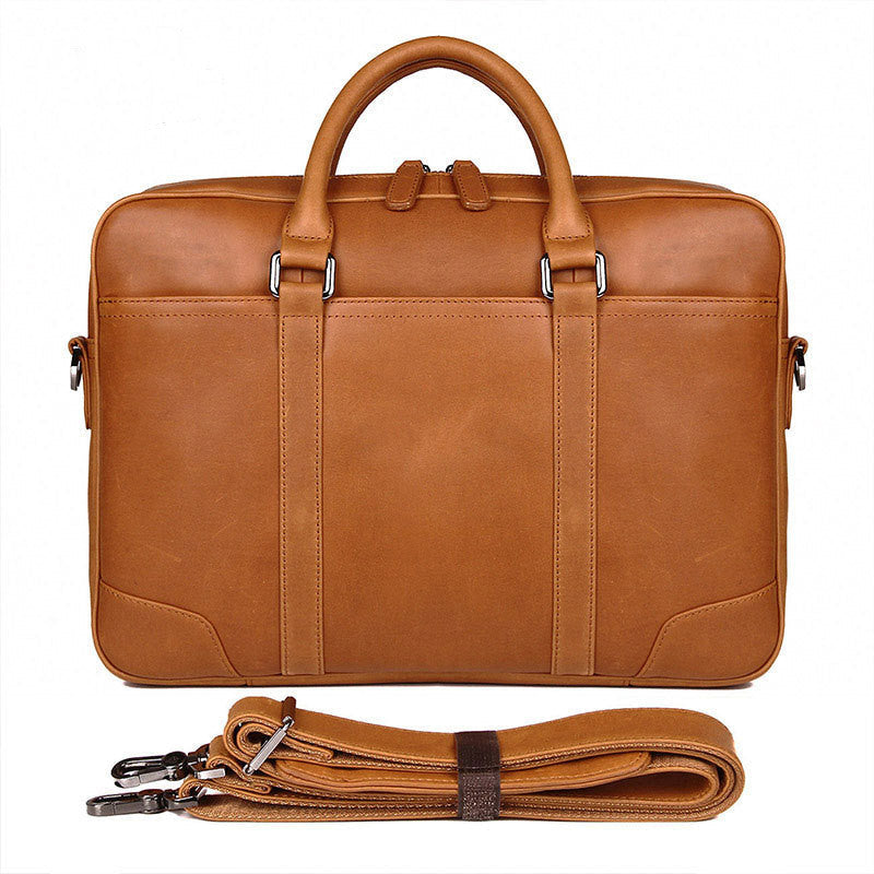 Tree Cream Leather Briefcase with Double Layer Zipper