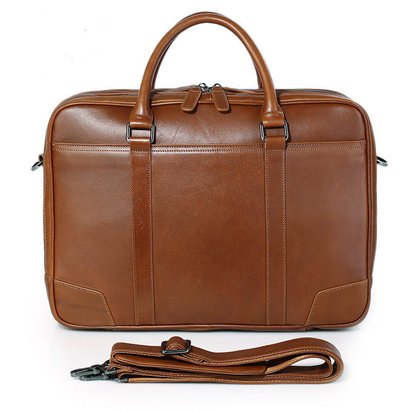 Tree Cream Leather Briefcase with Double Layer Zipper