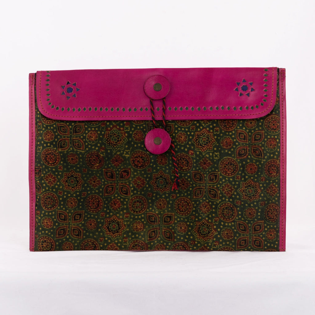 Hand Carved Leather iPad Case with Hand Block Ajrakh Print in Pink and Green