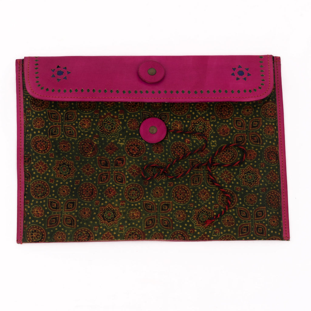 Hand Carved Leather iPad Case with Hand Block Ajrakh Print in Pink and Green