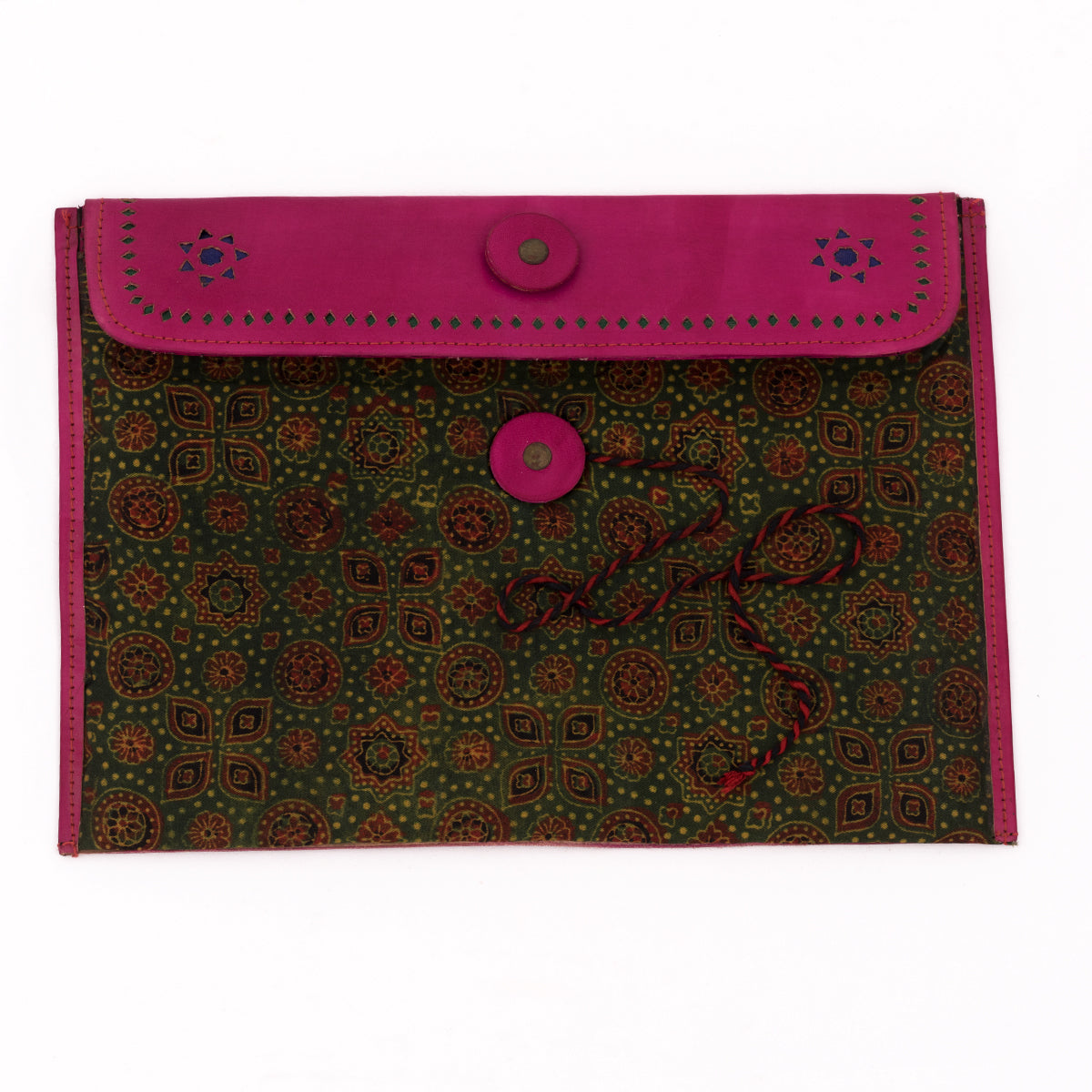 Hand Carved Leather iPad Case with Hand Block Ajrakh Print in Pink and Green