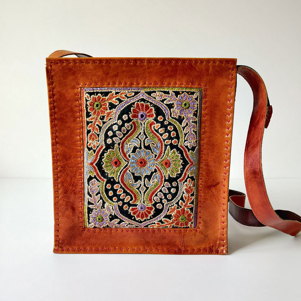 Intricate Embroidery Camel Leather Shoulder Bag