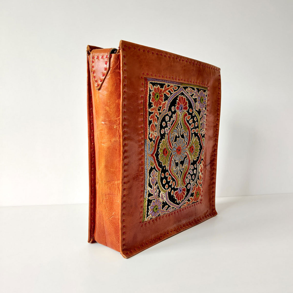 Intricate Embroidery Camel Leather Shoulder Bag