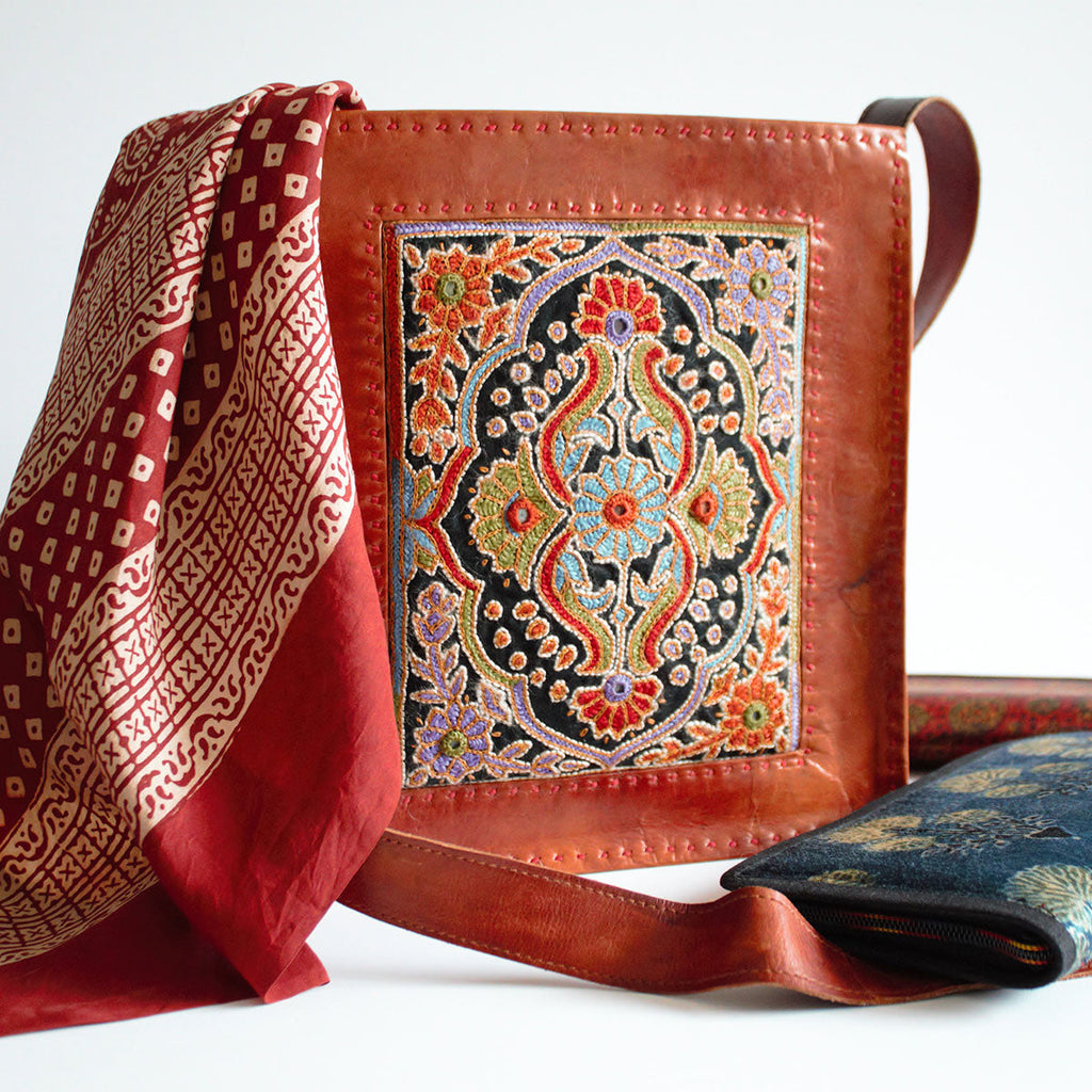 Intricate Embroidery Camel Leather Shoulder Bag