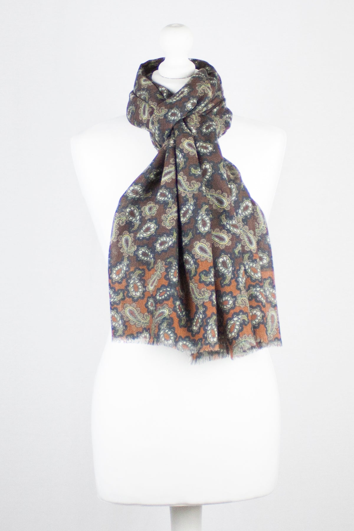 All Over Paisley Print Merino Wool Scarf in Brown Navy