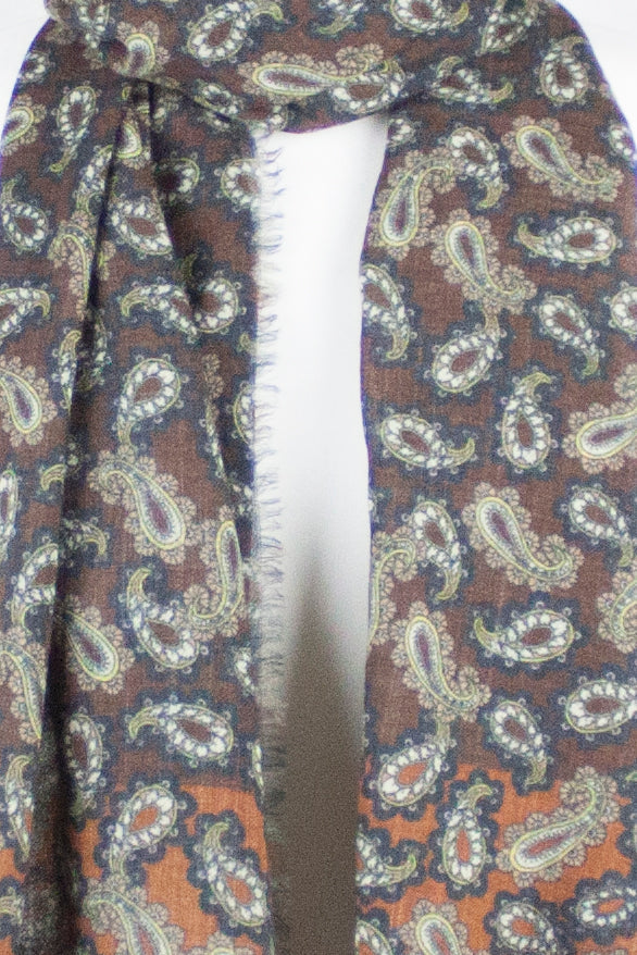 All Over Paisley Print Merino Wool Scarf in Brown Navy