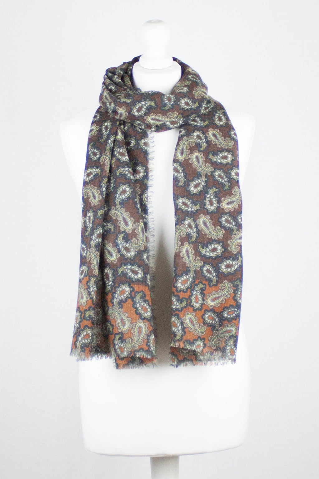 All Over Paisley Print Merino Wool Scarf in Brown Navy