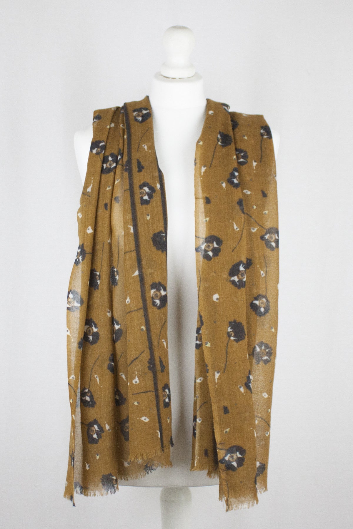 Poppy Flower Merino Wool Scarf in Ochre