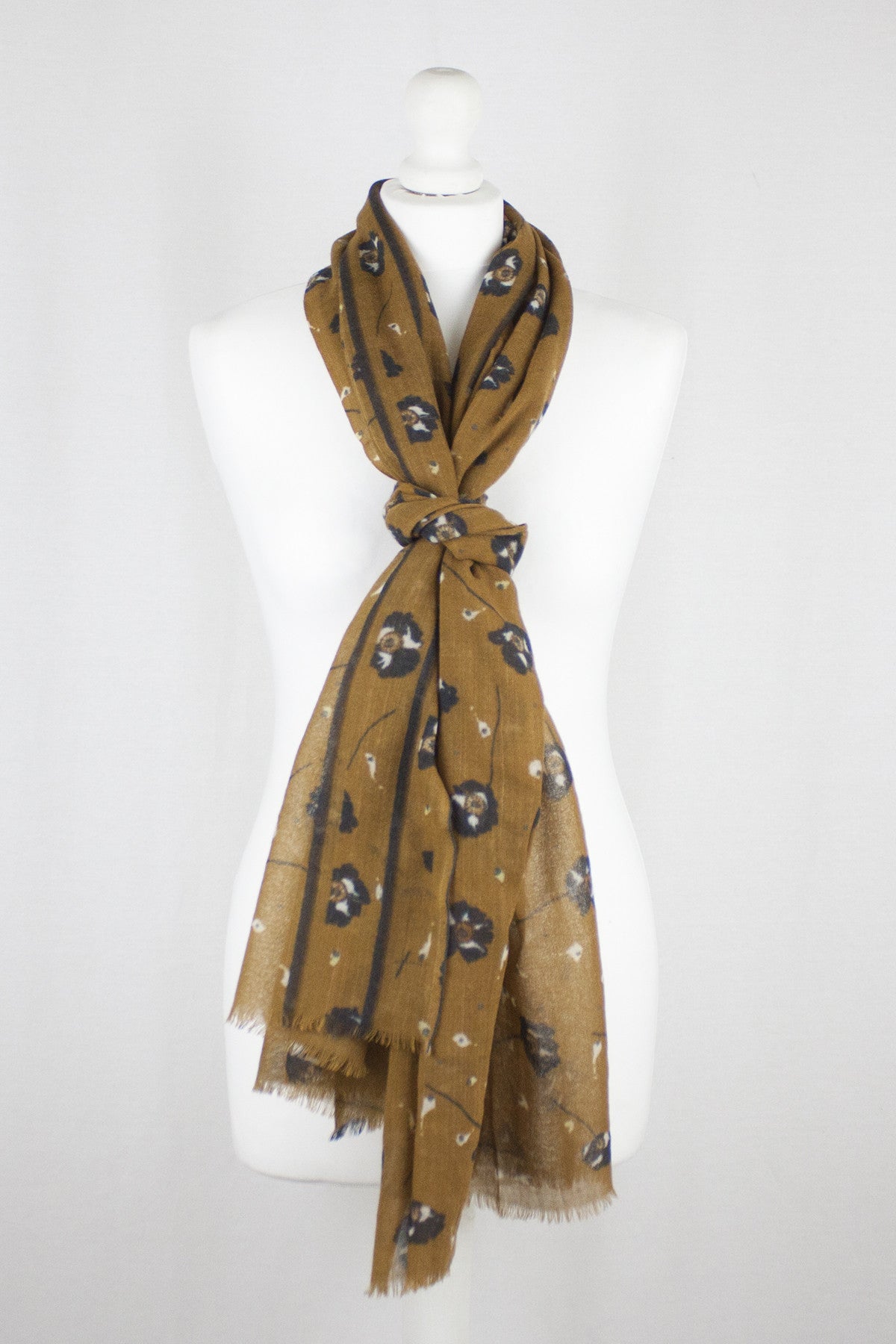 Poppy Flower Merino Wool Scarf in Ochre