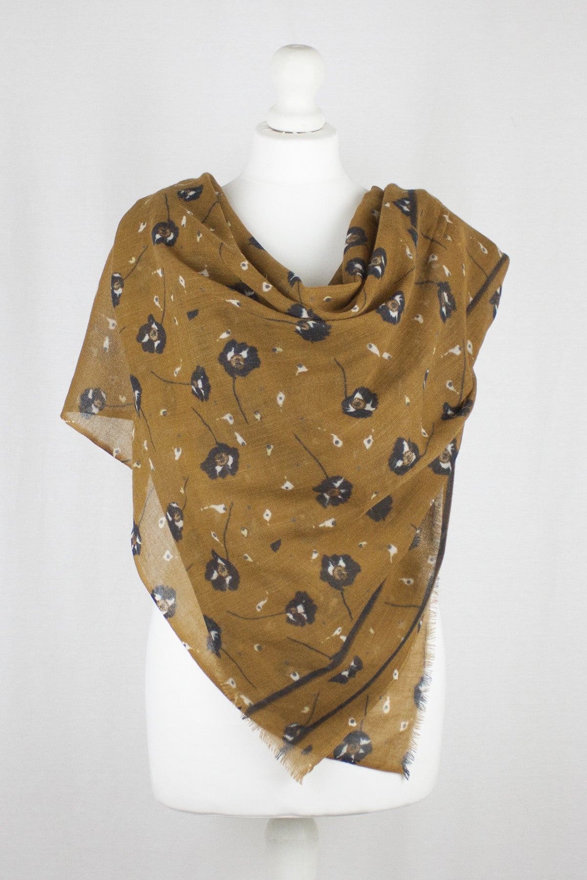 Poppy Flower Merino Wool Scarf in Ochre