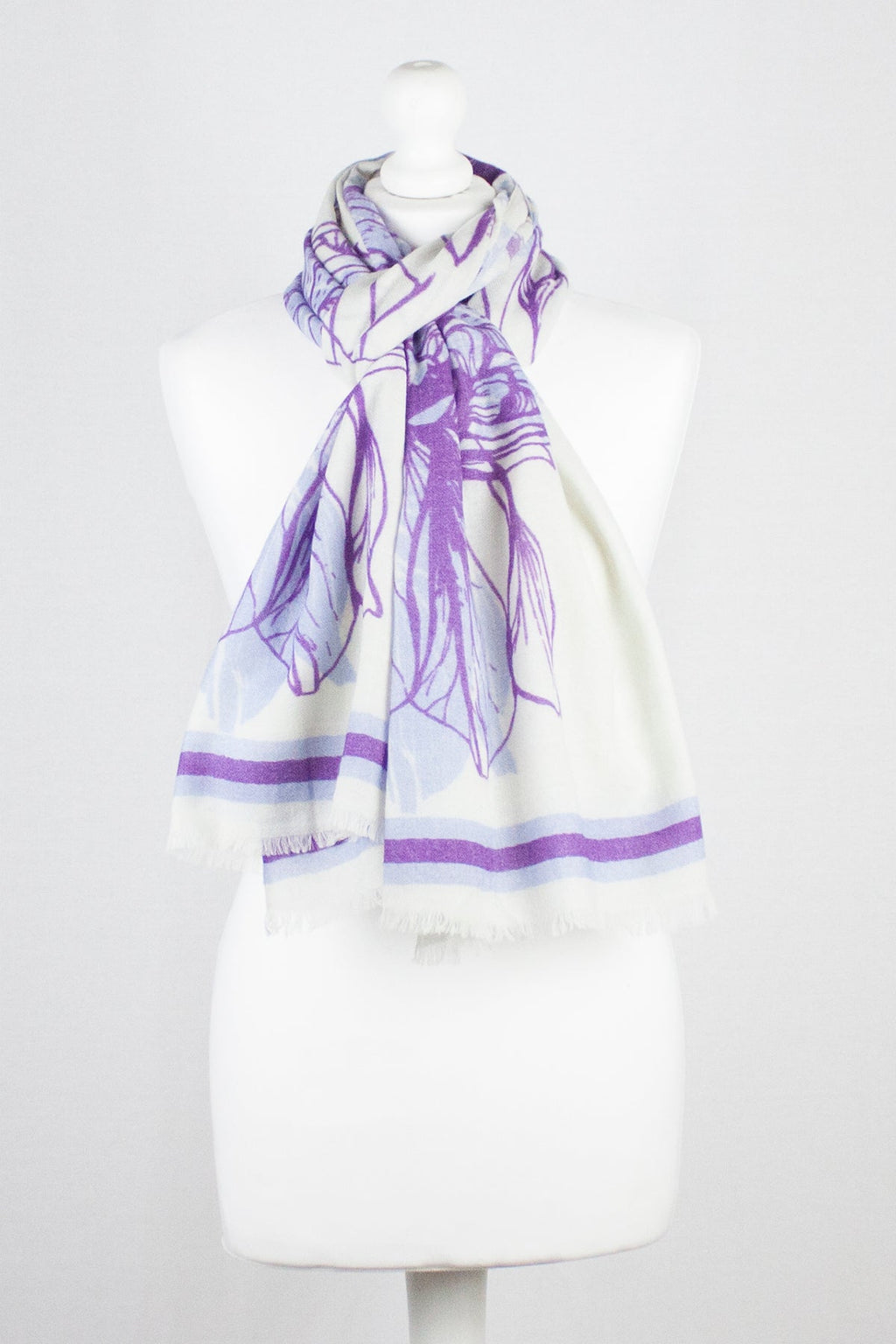 Floral Print Merino Wool Scarf in Off White Violet