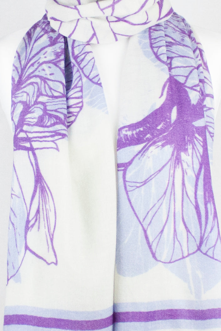 Floral Print Merino Wool Scarf in Off White Violet