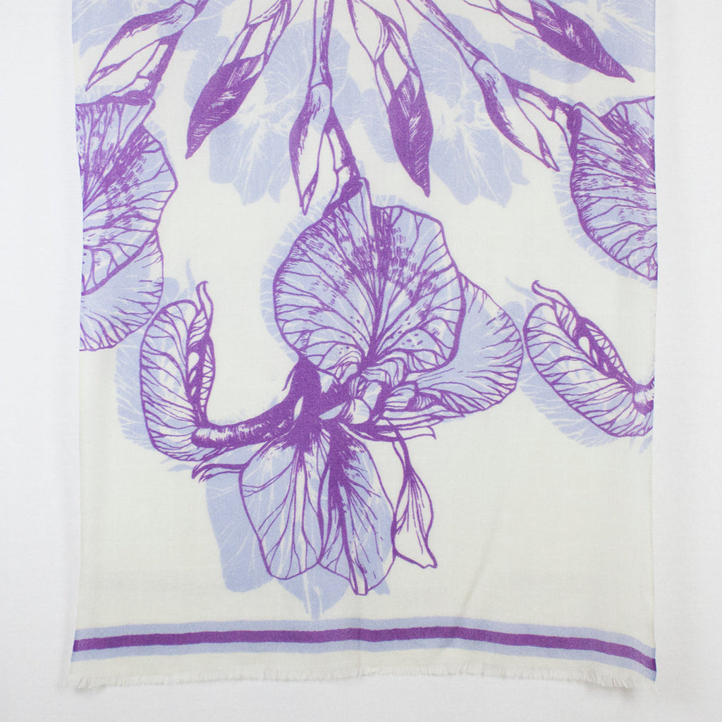 Floral Print Merino Wool Scarf in Off White Violet