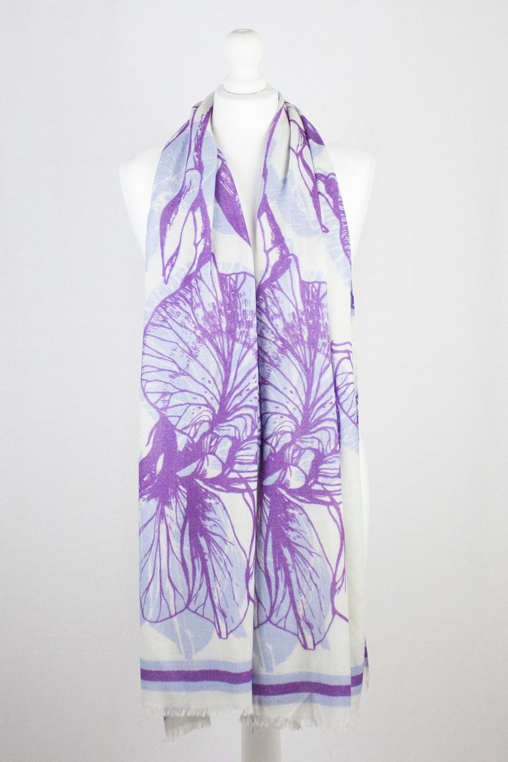 Floral Print Merino Wool Scarf in Off White Violet