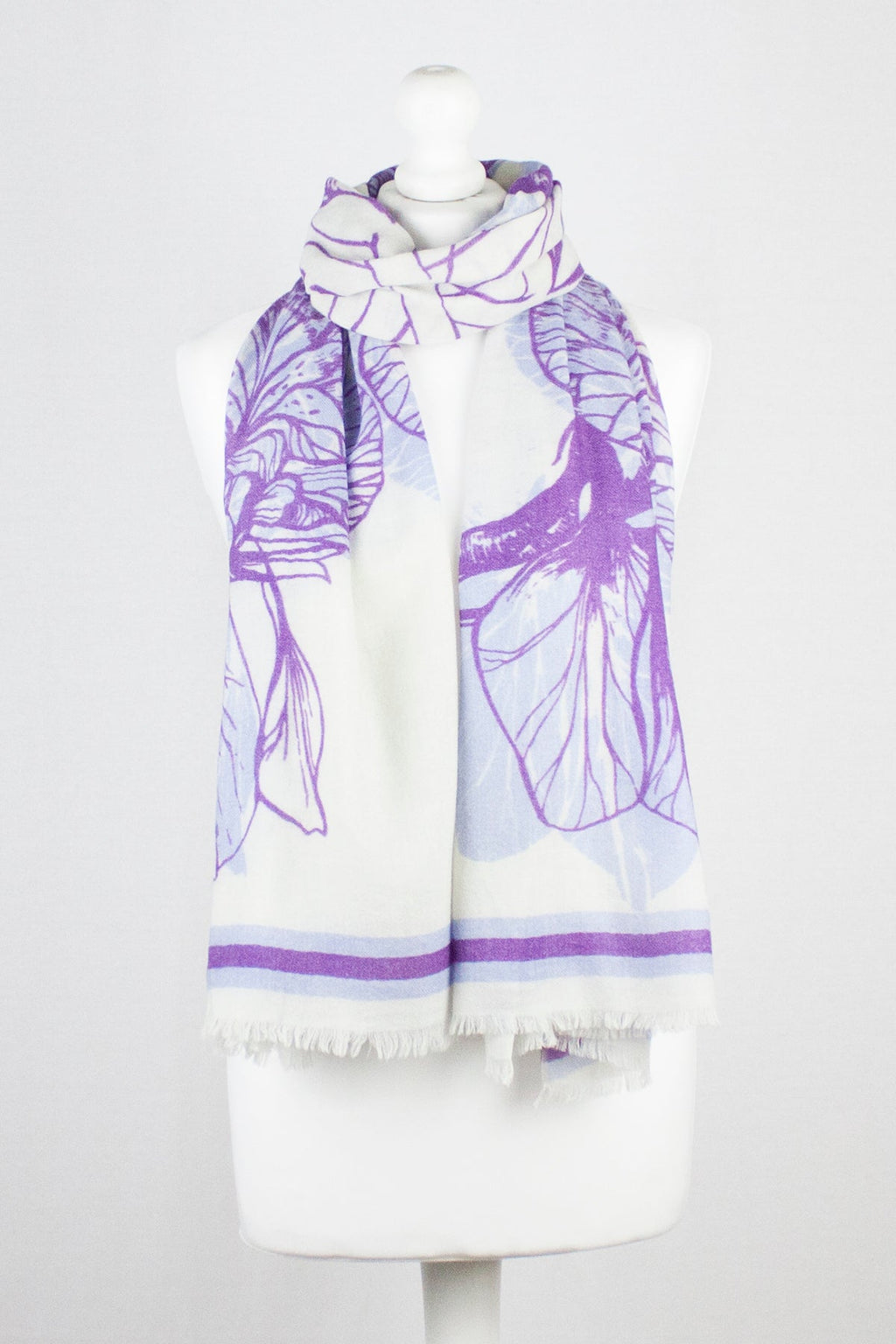 Floral Print Merino Wool Scarf in Off White Violet