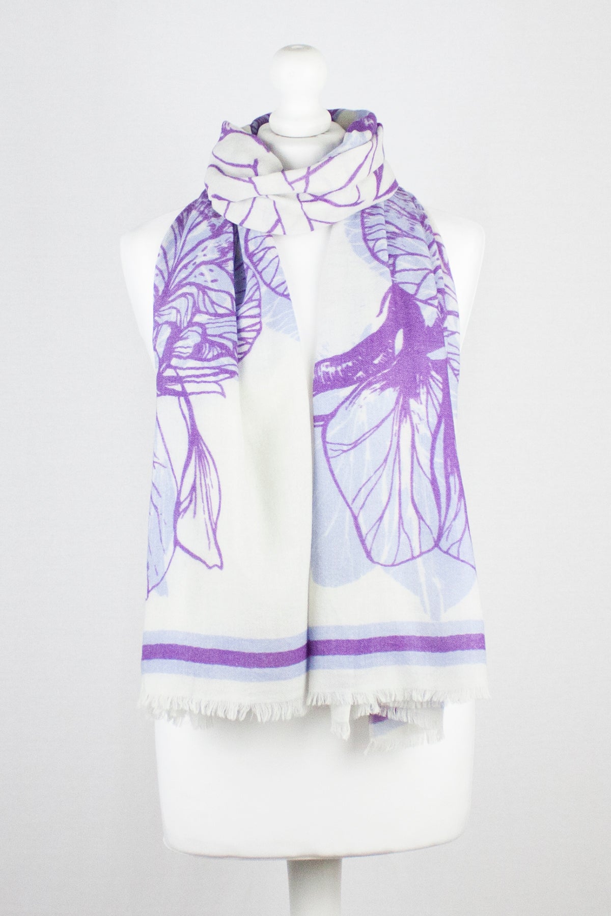Floral Print Merino Wool Scarf in Off White Violet
