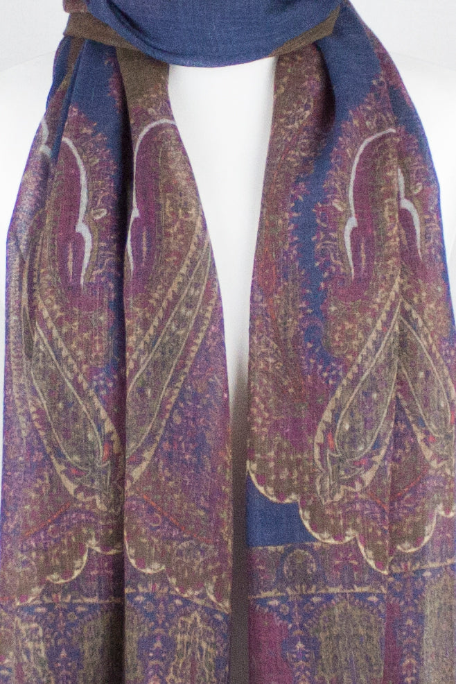 Persian Paisley Print Merino Wool Scarf Navy Magenta Brown