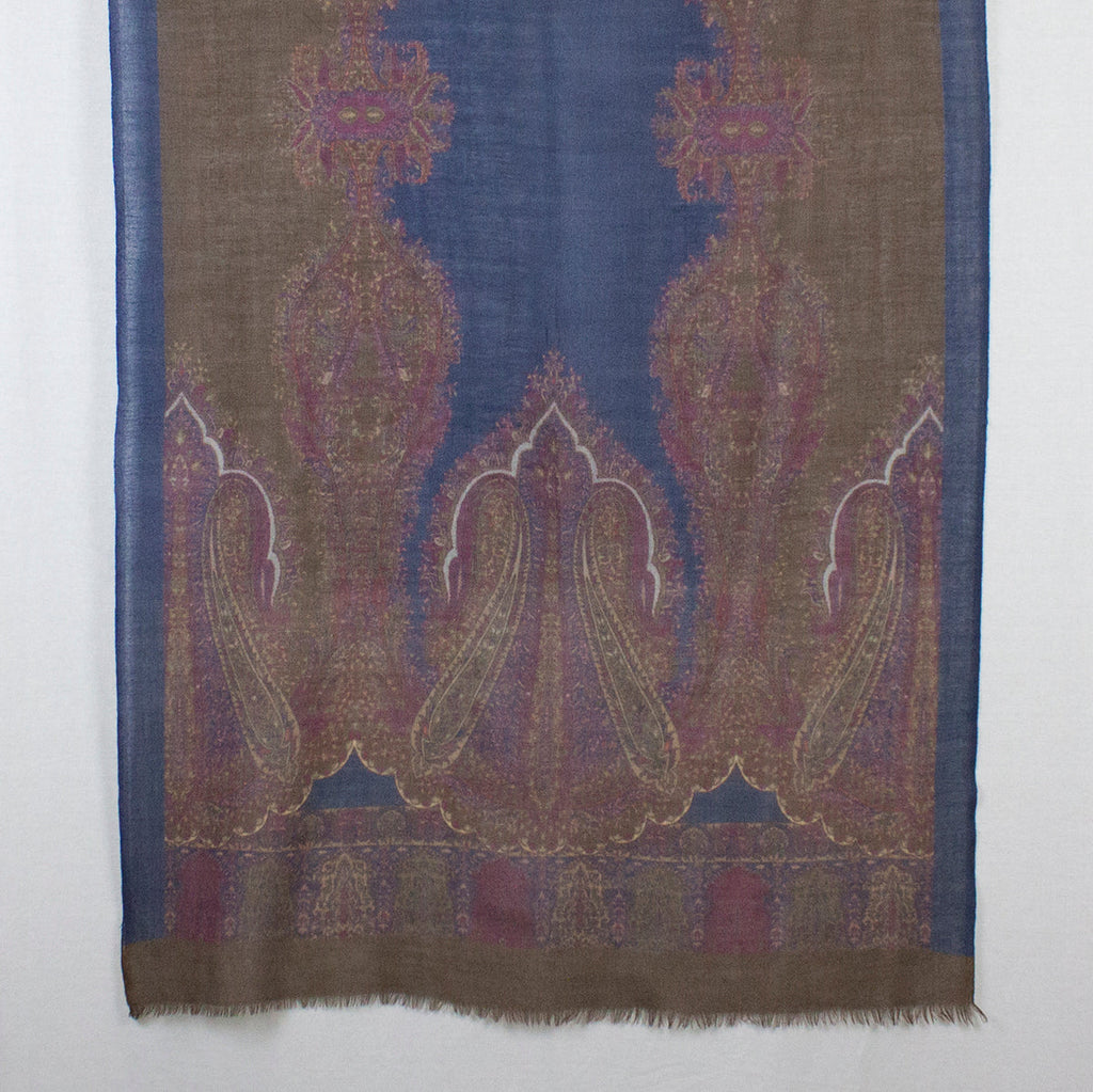 Persian Paisley Print Merino Wool Scarf Navy Magenta Brown
