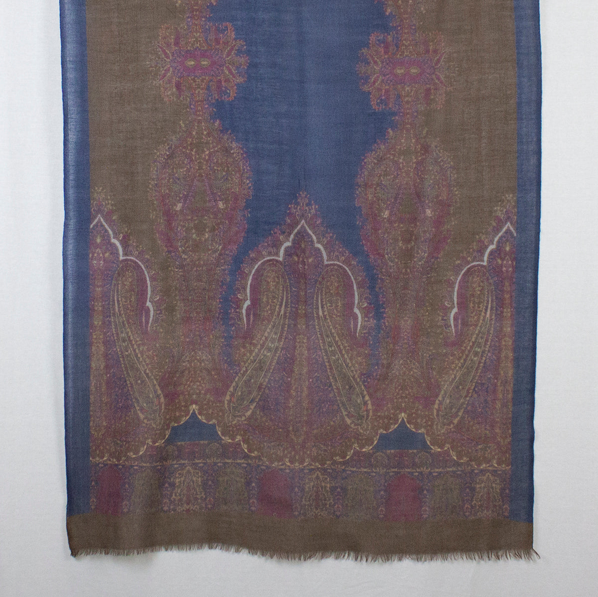Persian Paisley Print Merino Wool Scarf Navy Magenta Brown
