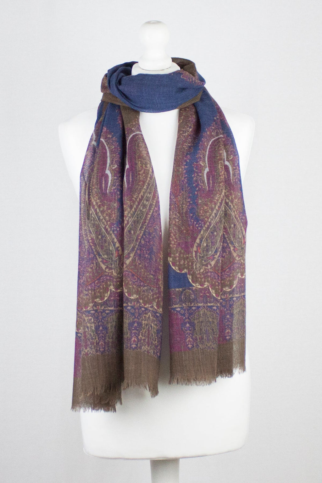 Persian Paisley Print Merino Wool Scarf Navy Magenta Brown