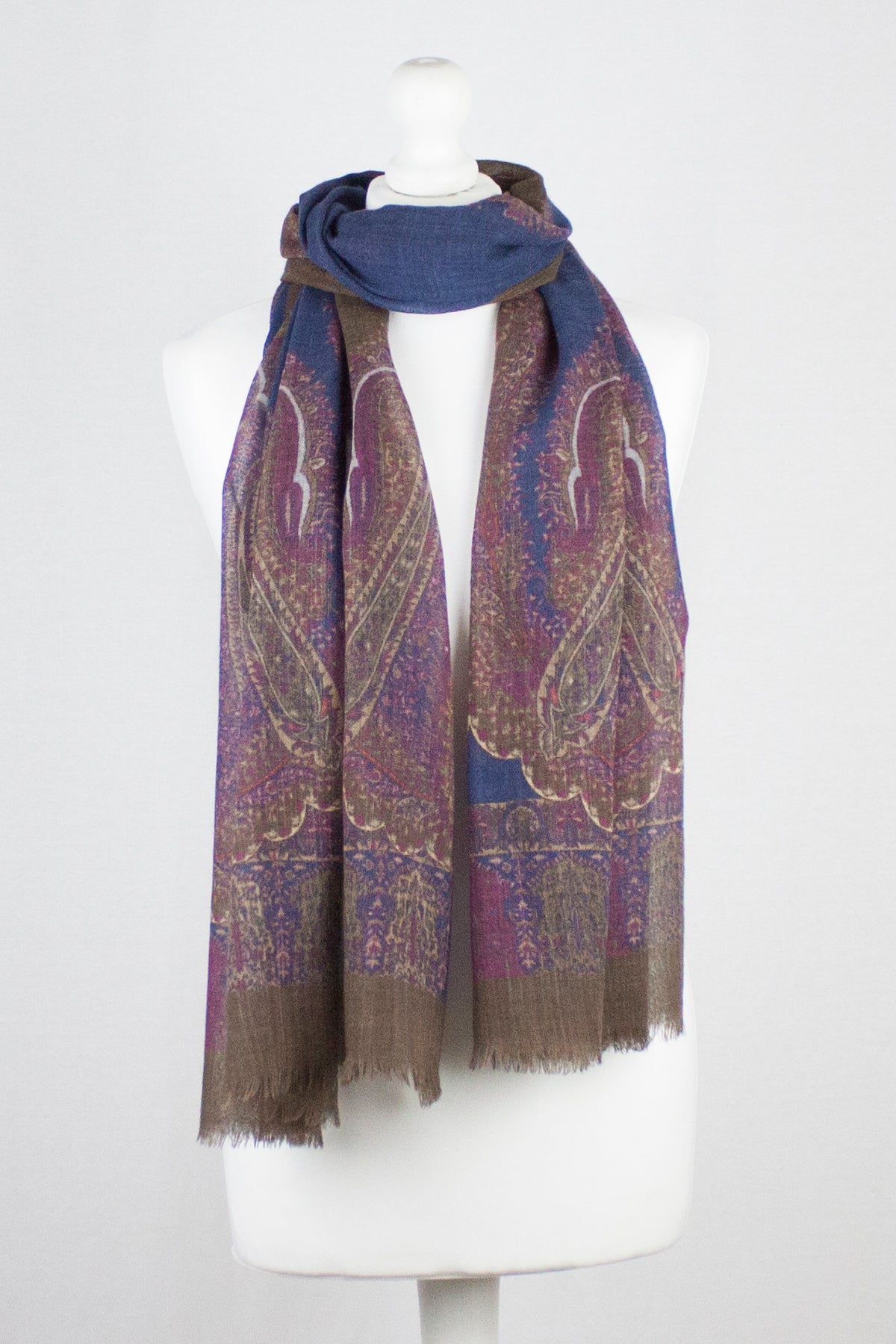Persian Paisley Print Merino Wool Scarf Navy Magenta Brown