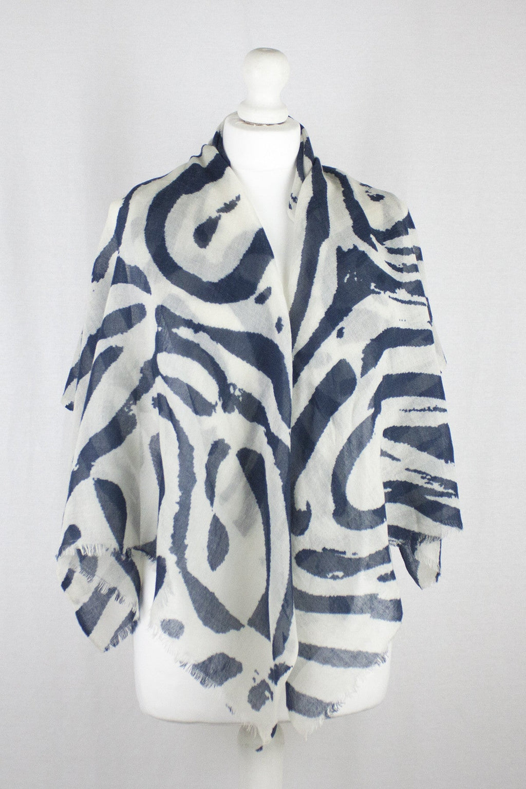 Fun Maze Print Merino Wool Scarf in Off White and Navy
