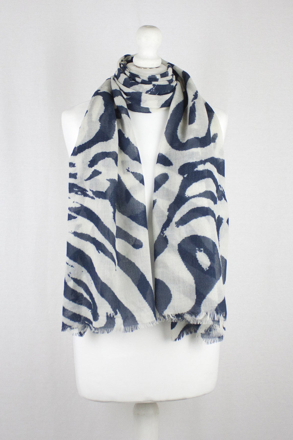 Fun Maze Print Merino Wool Scarf in Off White and Navy