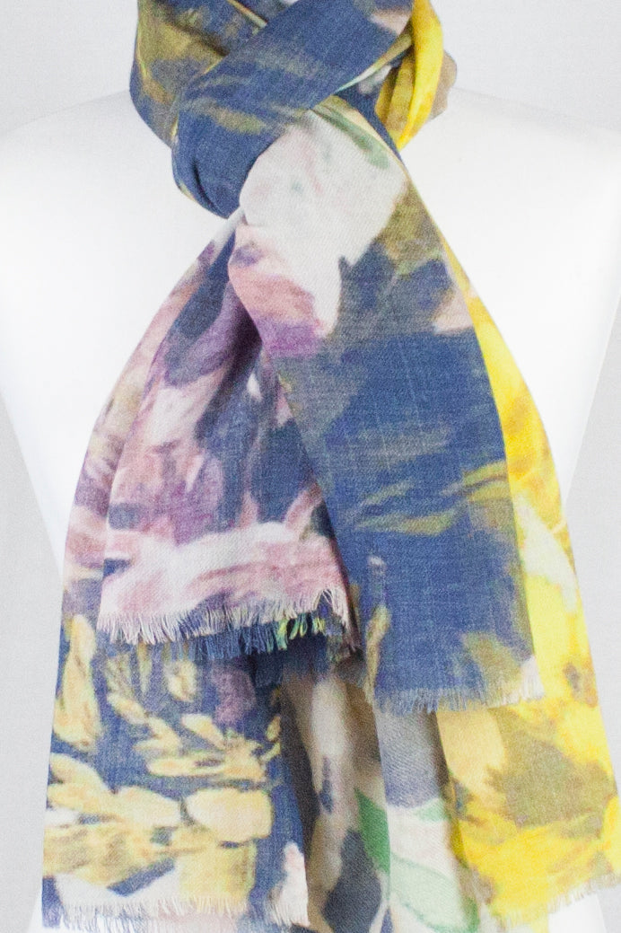 Romantic Flower Print Merino Wool Scarf in Multi