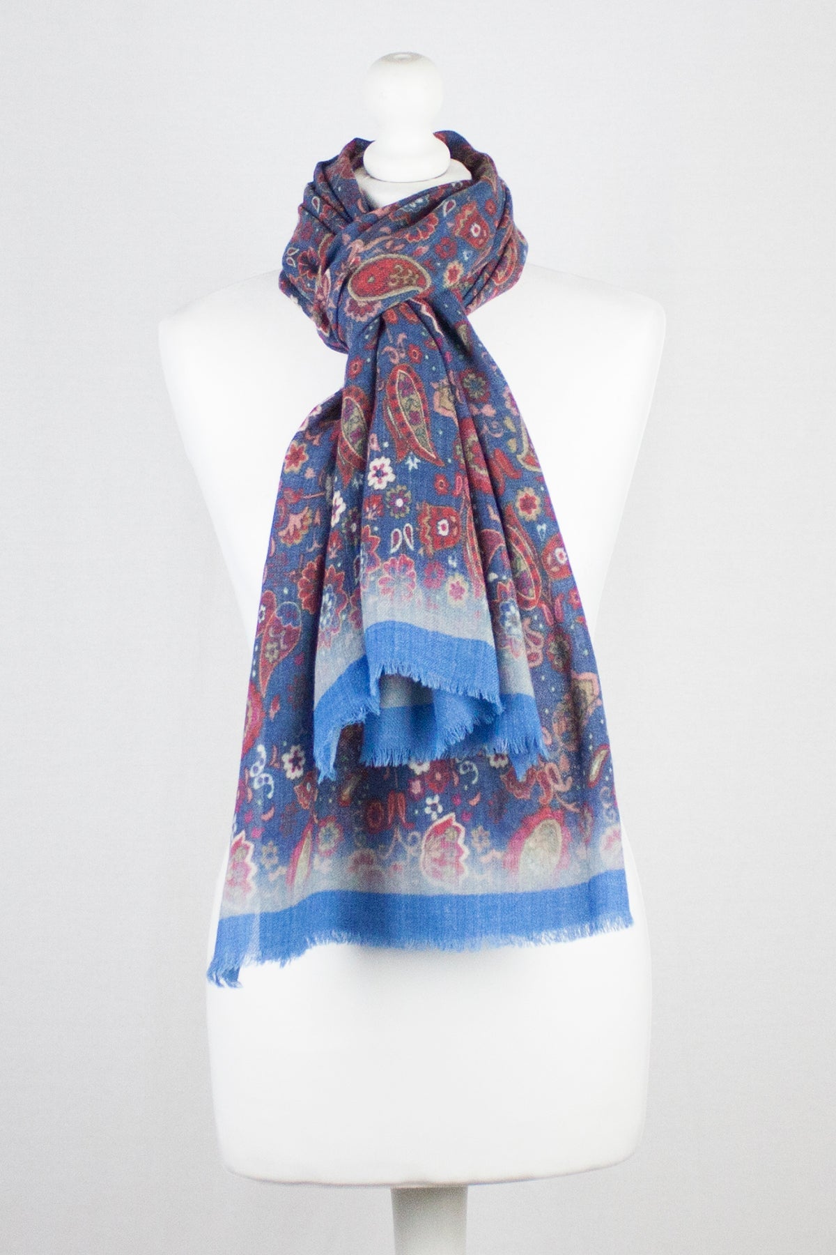 Paisley and Flower Print Merino Wool Scarf in Blue Multi