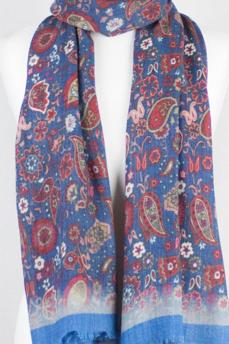 Paisley and Flower Print Merino Wool Scarf in Blue Multi