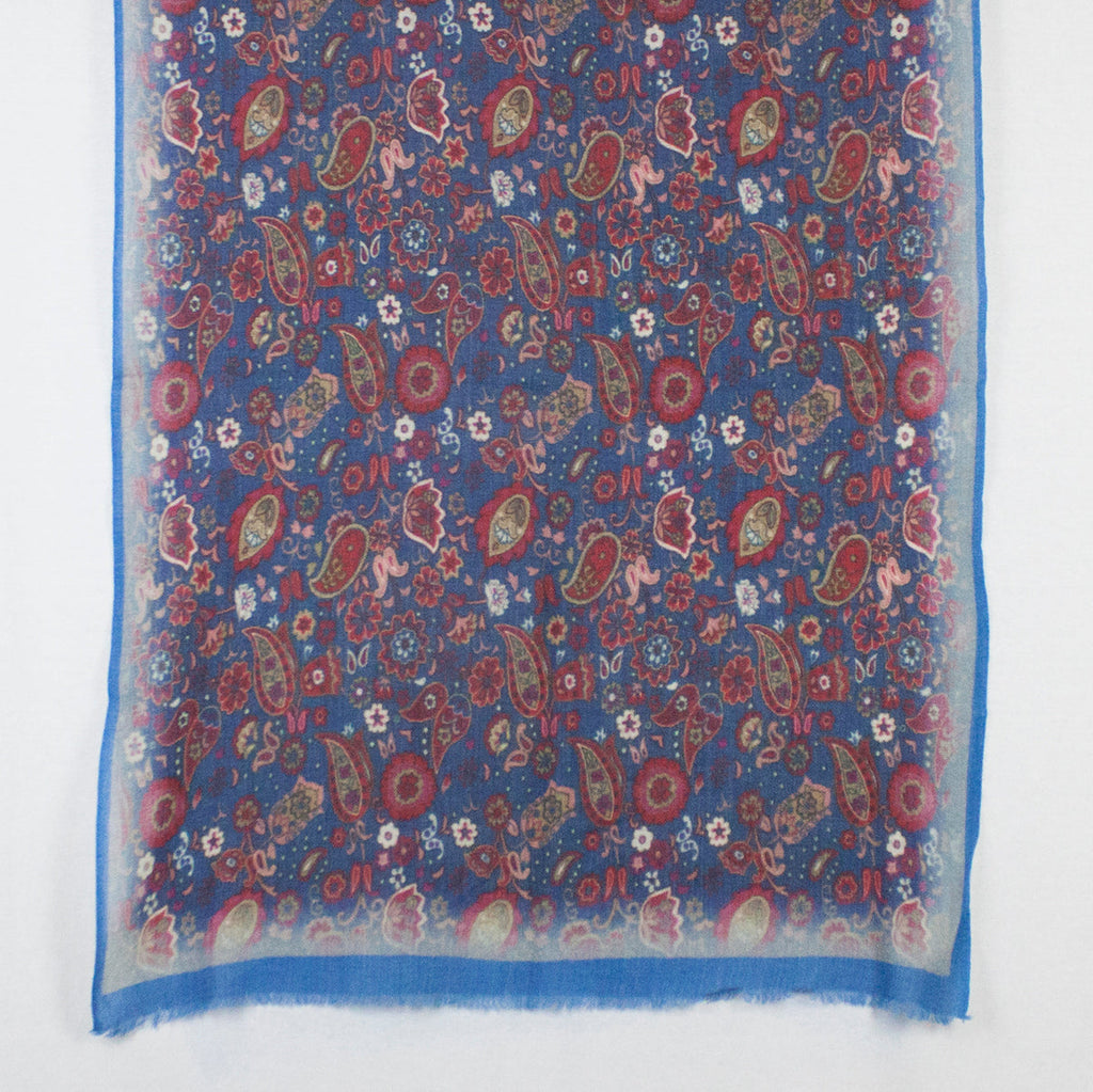 Paisley and Flower Print Merino Wool Scarf in Blue Multi