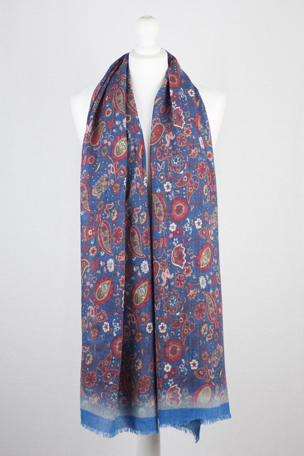 Paisley and Flower Print Merino Wool Scarf in Blue Multi