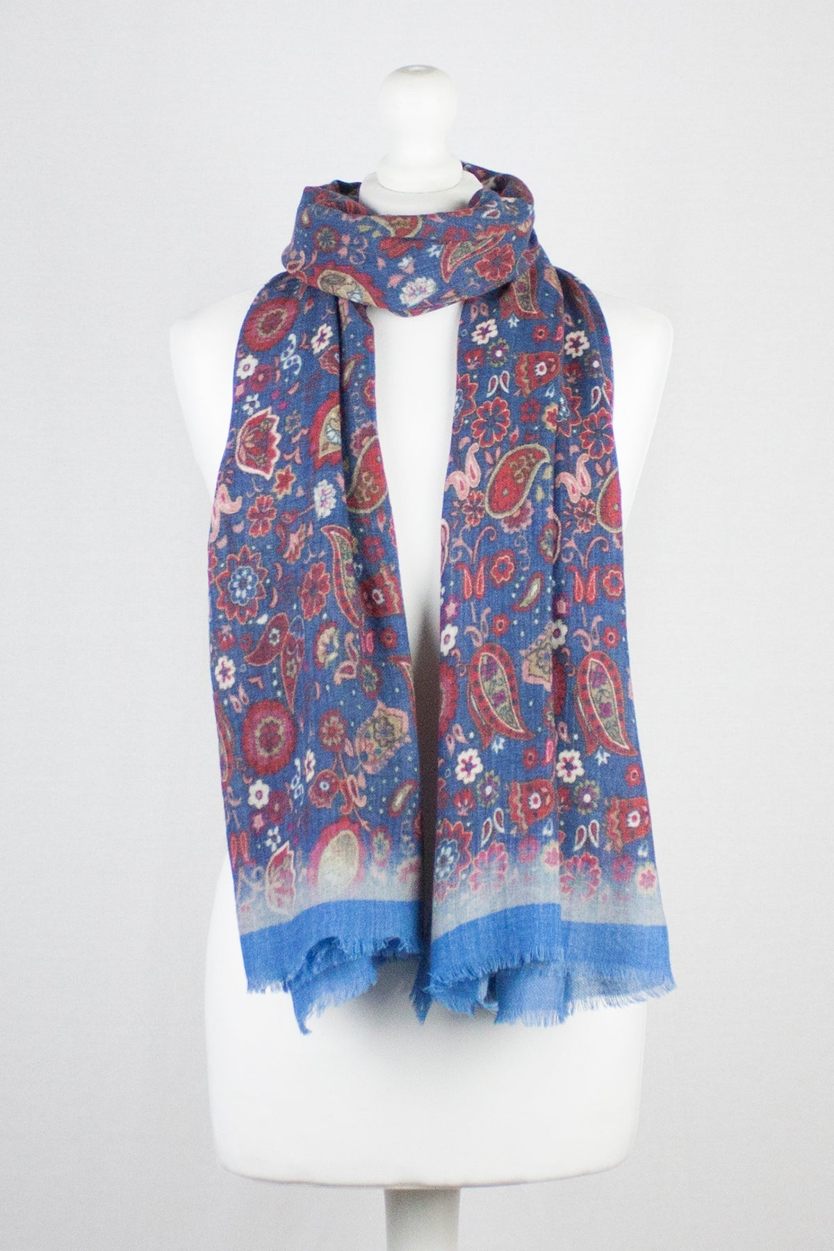 Paisley and Flower Print Merino Wool Scarf in Blue Multi