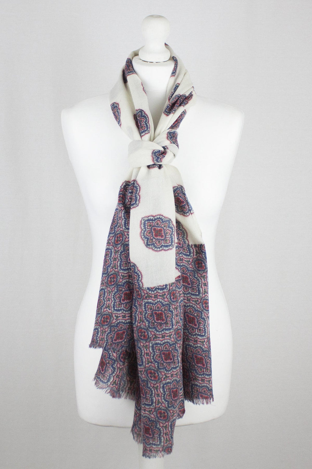 Ethnic Print Merino Wool Scarf in Off White