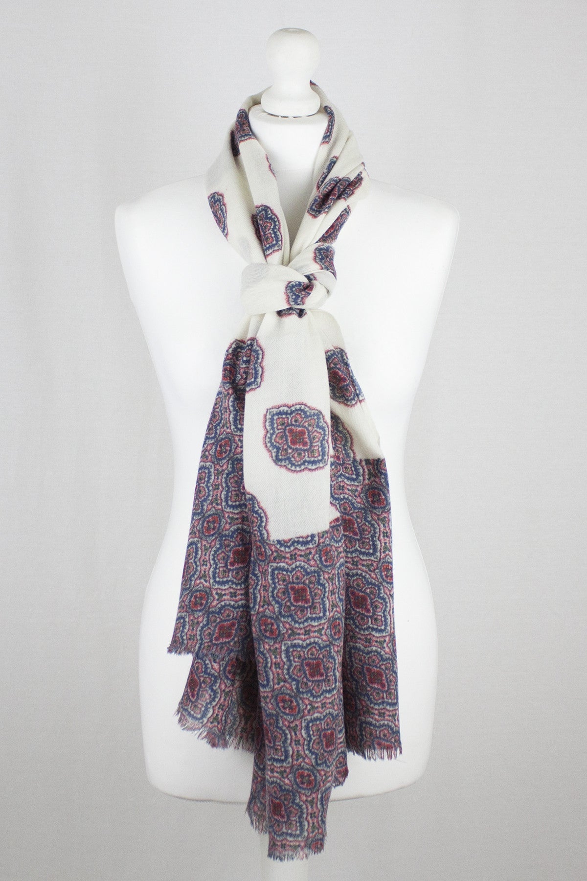 Ethnic Print Merino Wool Scarf in Off White