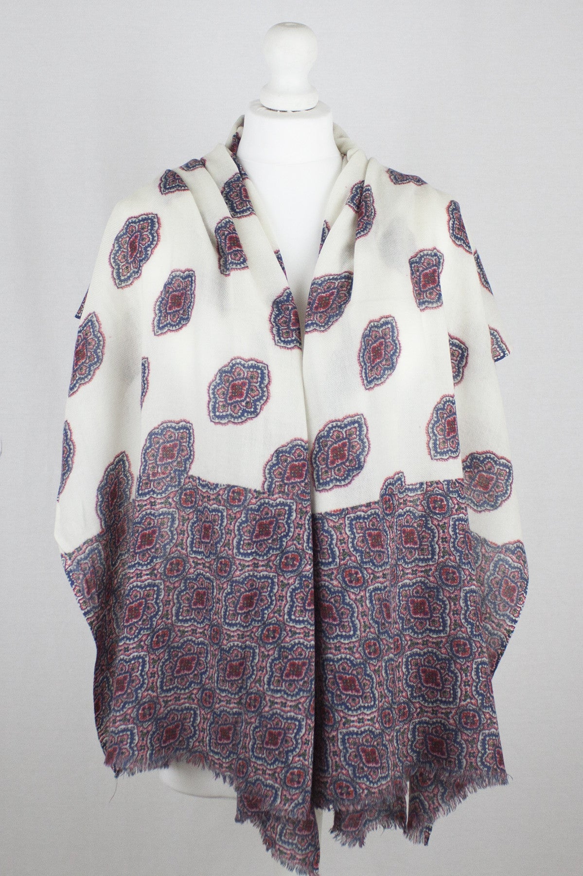 Ethnic Print Merino Wool Scarf in Off White