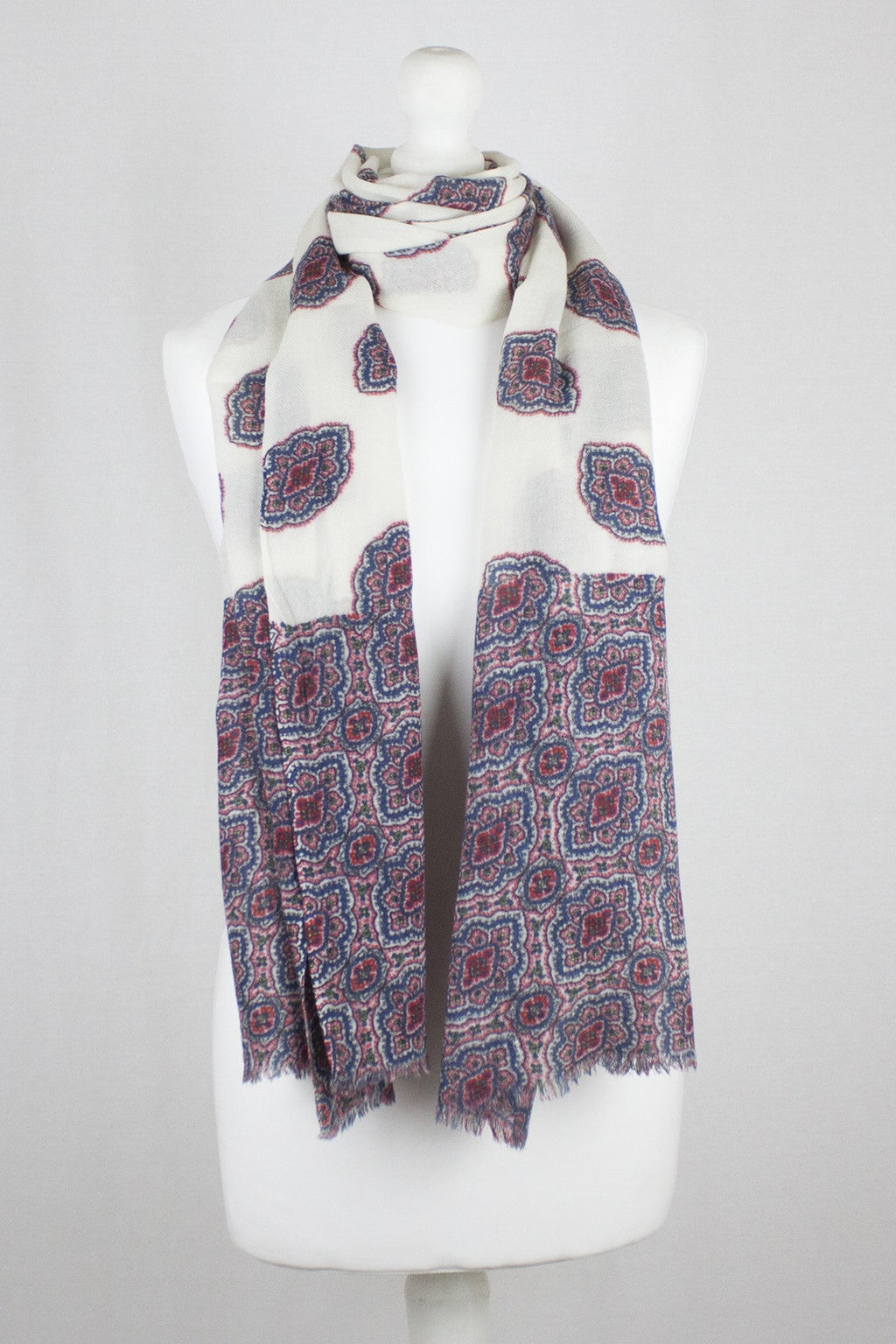 Ethnic Print Merino Wool Scarf in Off White