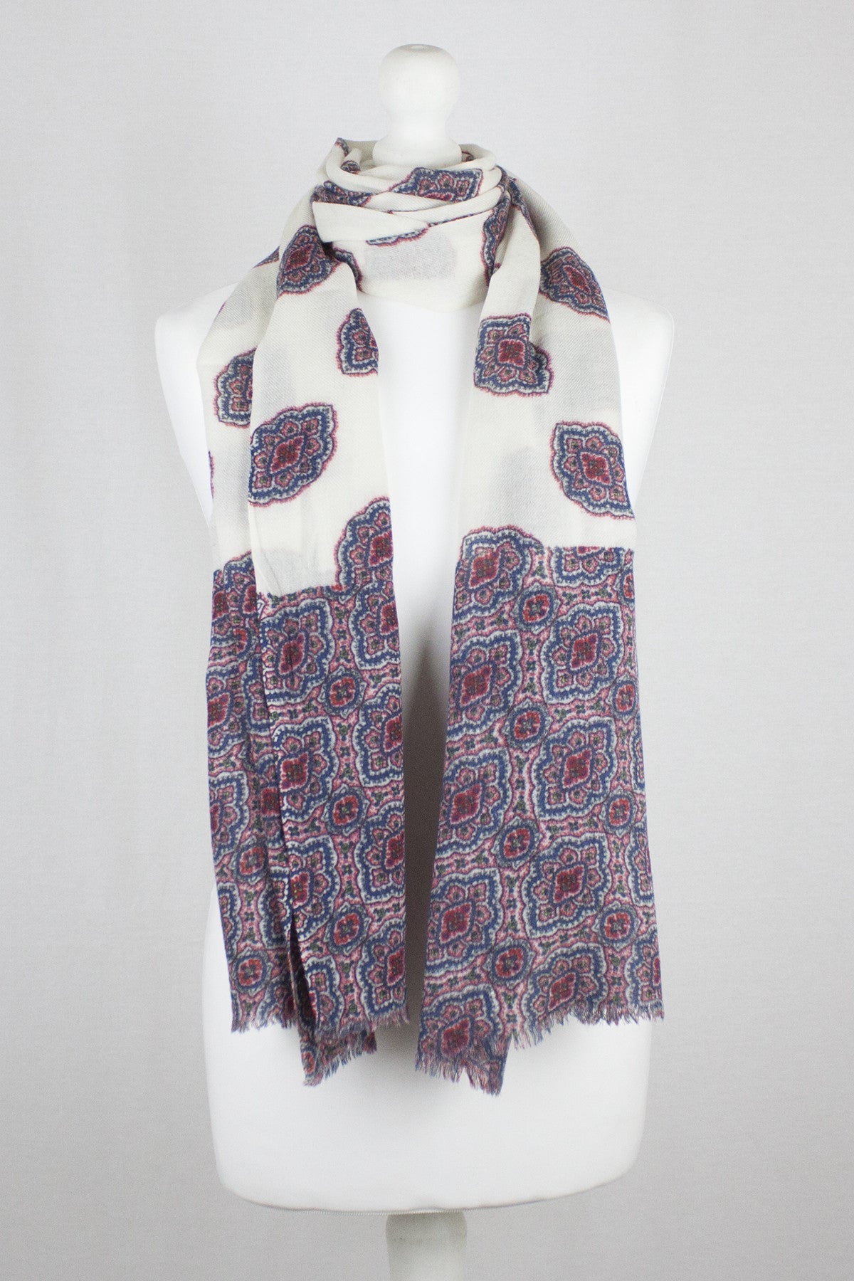 Ethnic Print Merino Wool Scarf in Off White