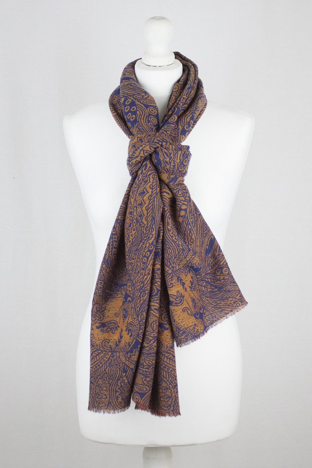 Dark Night Cheetah Jacquard Merino Wool Scarf Navy Orange
