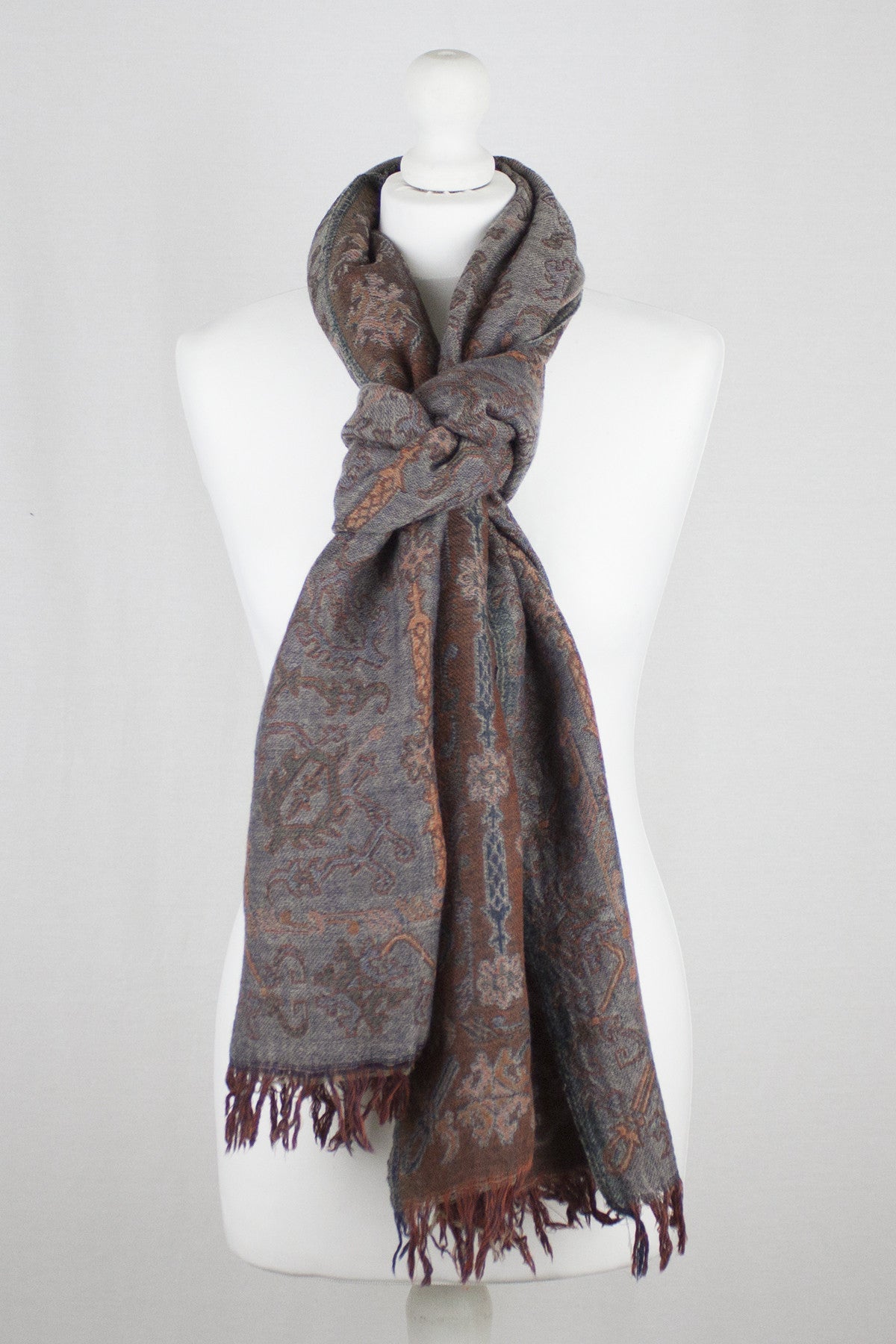 Merino Wool Scarf in Grey and Orange