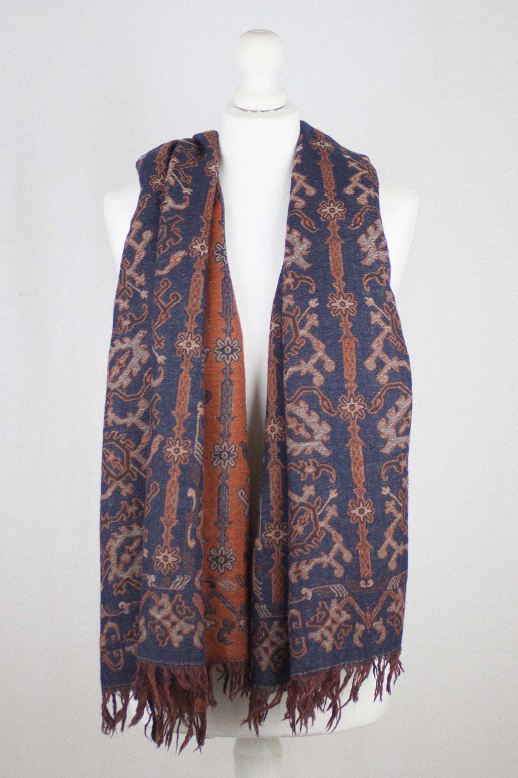 Jamdani Jacquard Merino Wool Scarf in Navy and Orange