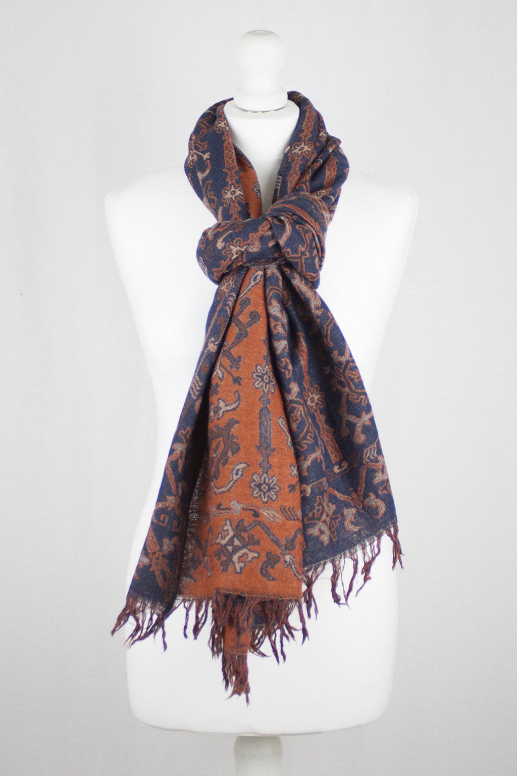 Jamdani Jacquard Merino Wool Scarf in Navy and Orange