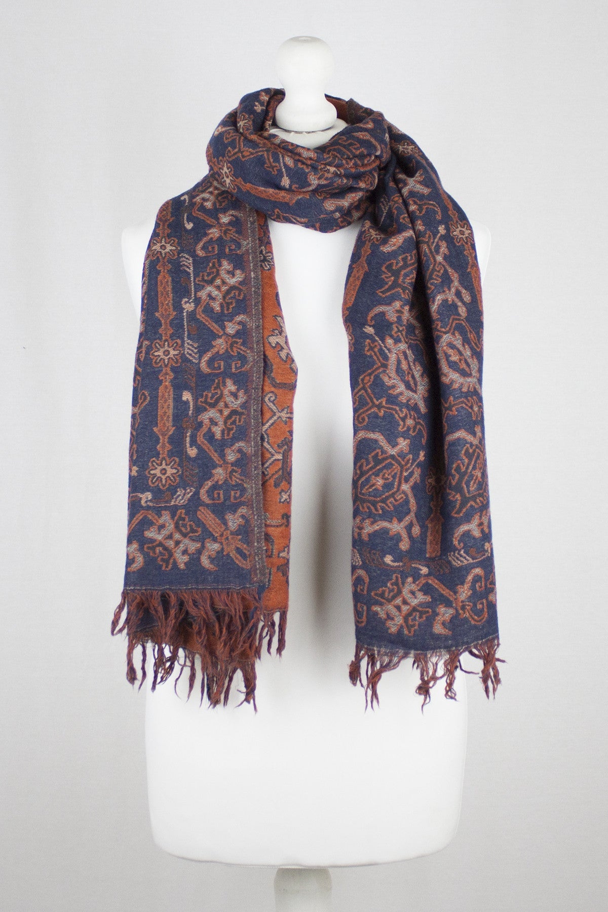 Jamdani Jacquard Merino Wool Scarf in Navy and Orange