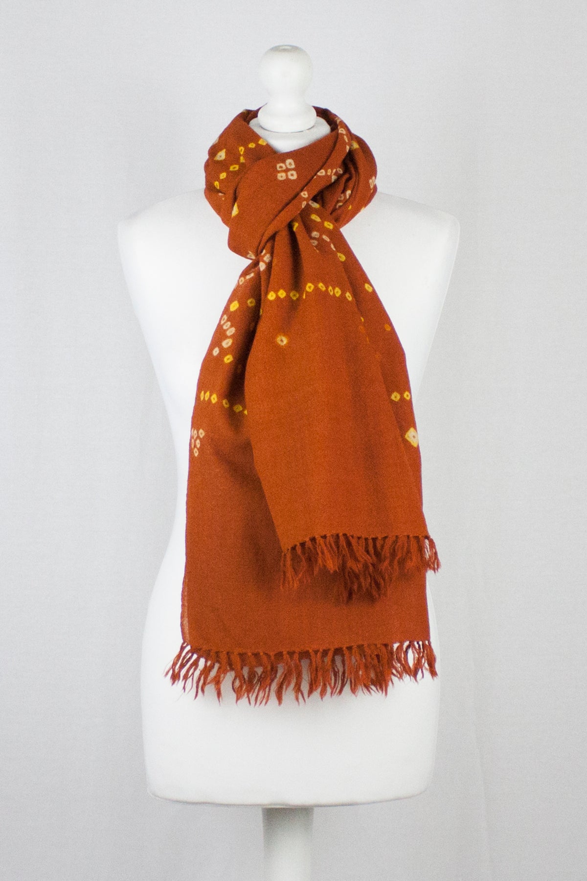 Orange Tie Dye Wool Scarf with Hand Knotted Tassels
