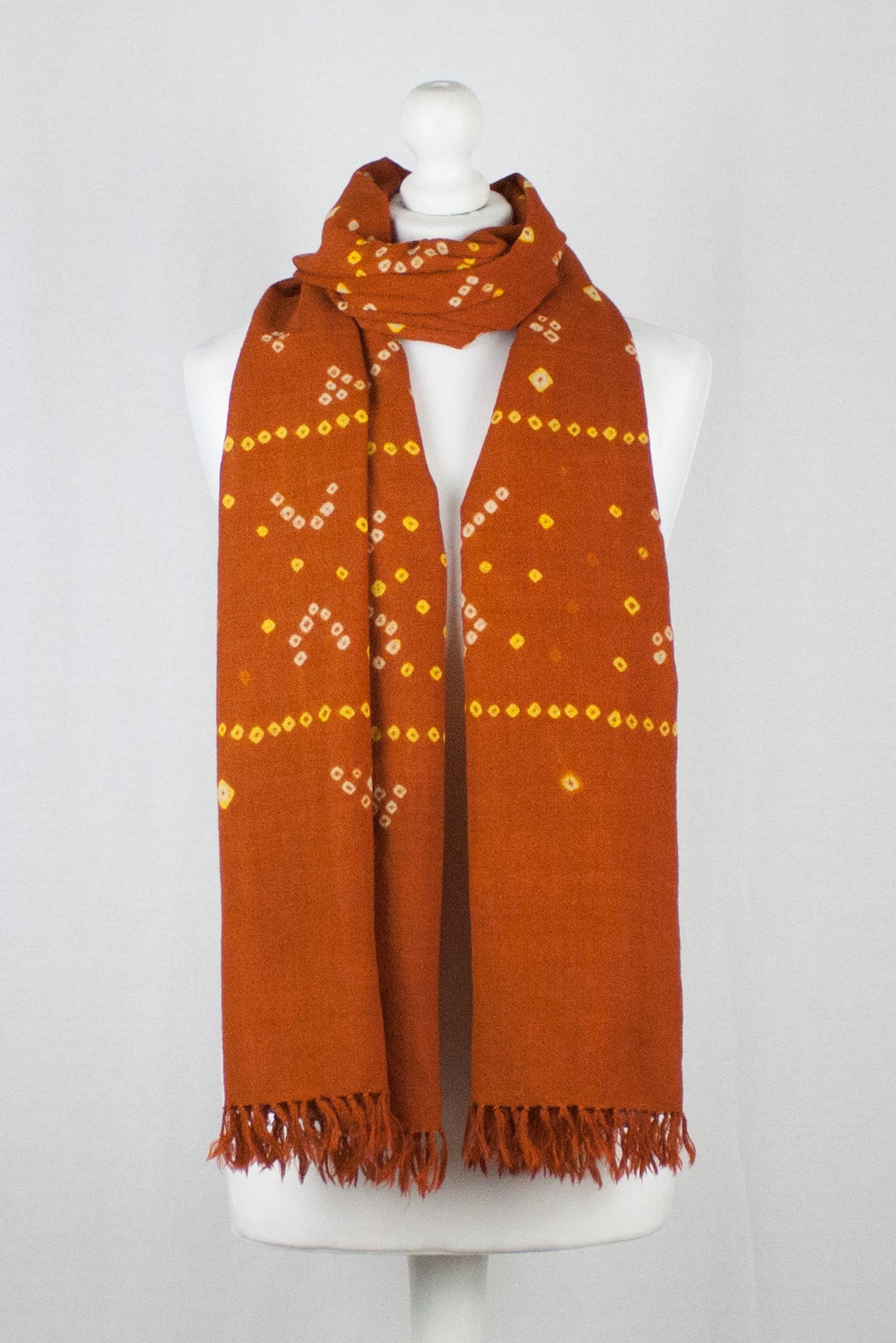 Orange Tie Dye Wool Scarf with Hand Knotted Tassels